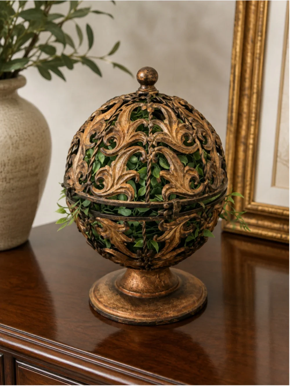 Copper-Finish Filigree Globe Candle Holder Set
